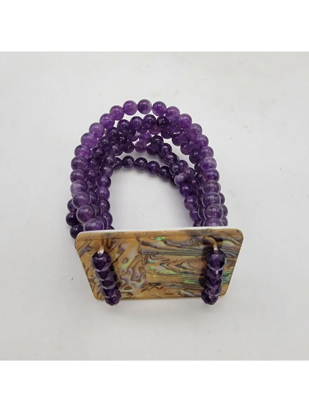 Multi-Strand Amethyst Gemstone Beaded Bracelet With Abalone Shell Panel - Picture 4 of 7